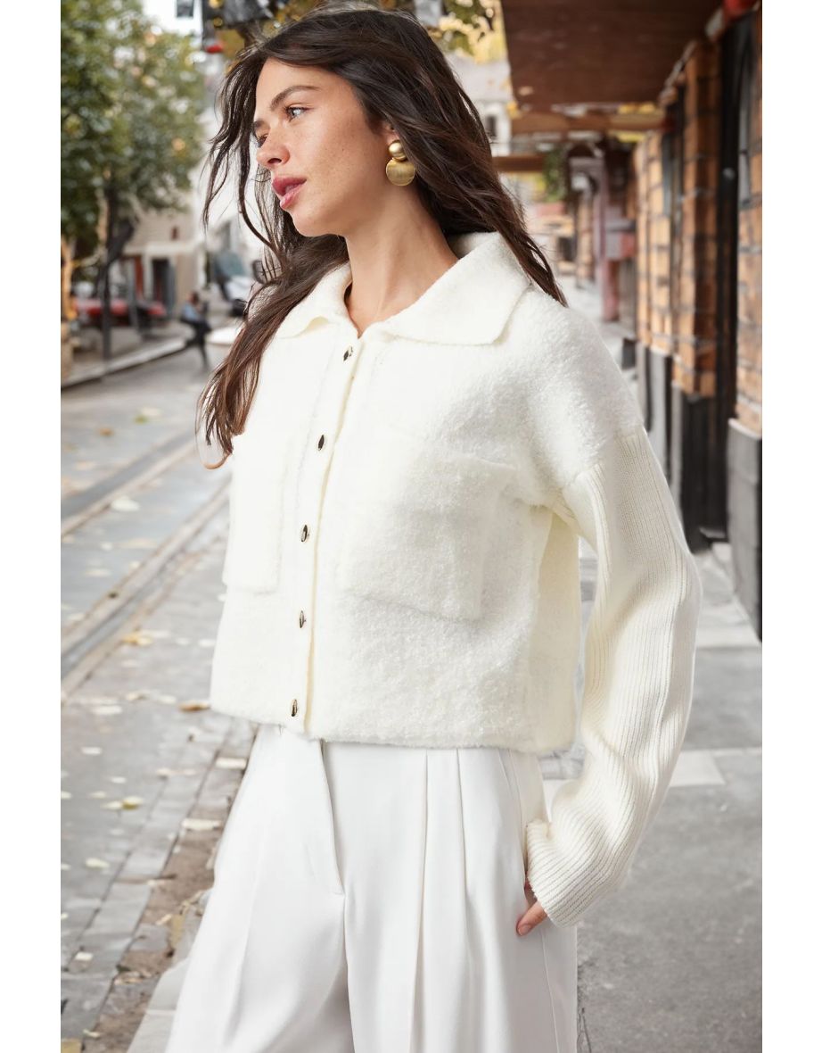 Bone Boucle Polo Neck Knitwear Cardigan - 6