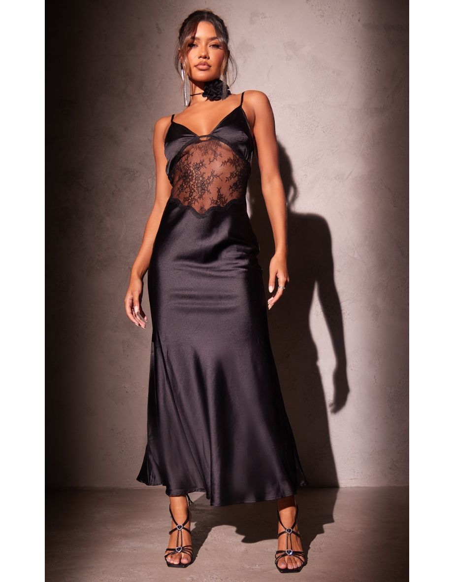Black Lace Panel Satin Maxi Dress