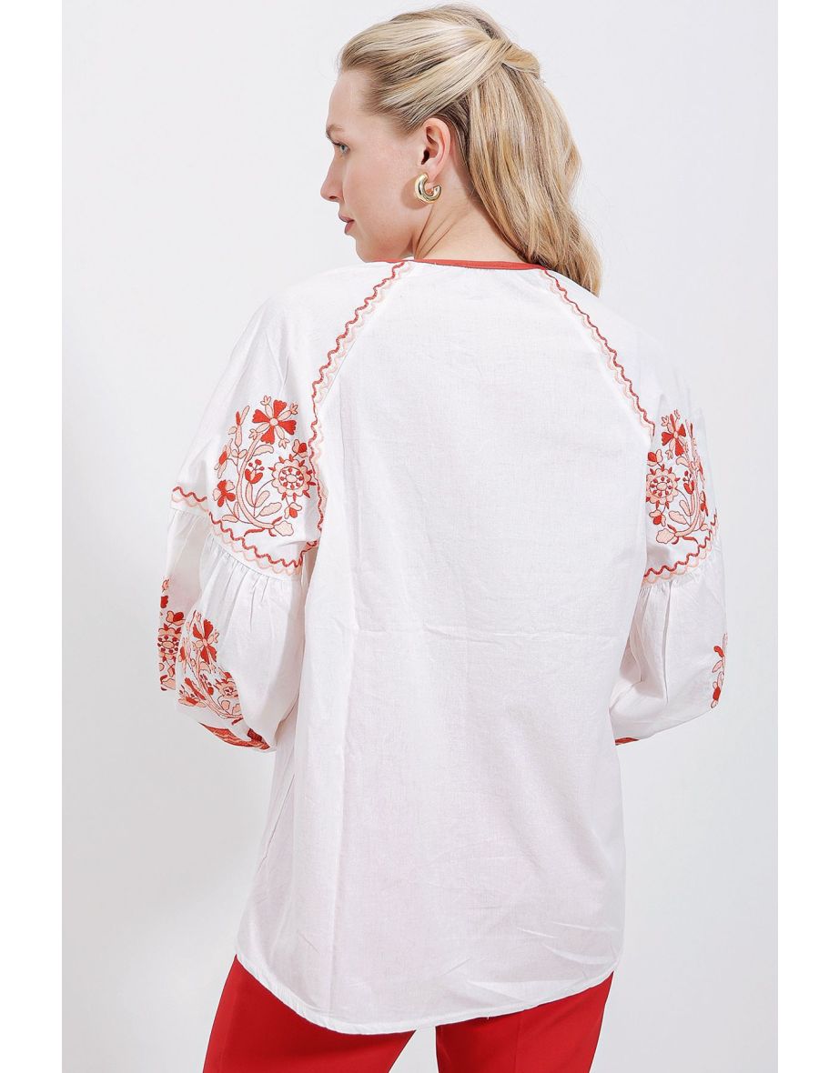 Women's White Orange Embroidered Linen Blouse - 5