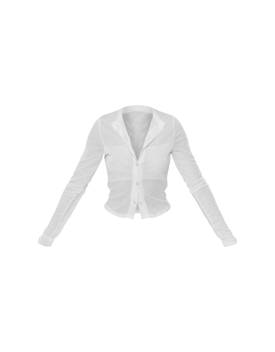 PRETTYLITTLETHING Ivory Sheer Burnout Mesh Long Sleeve Button Top - 4