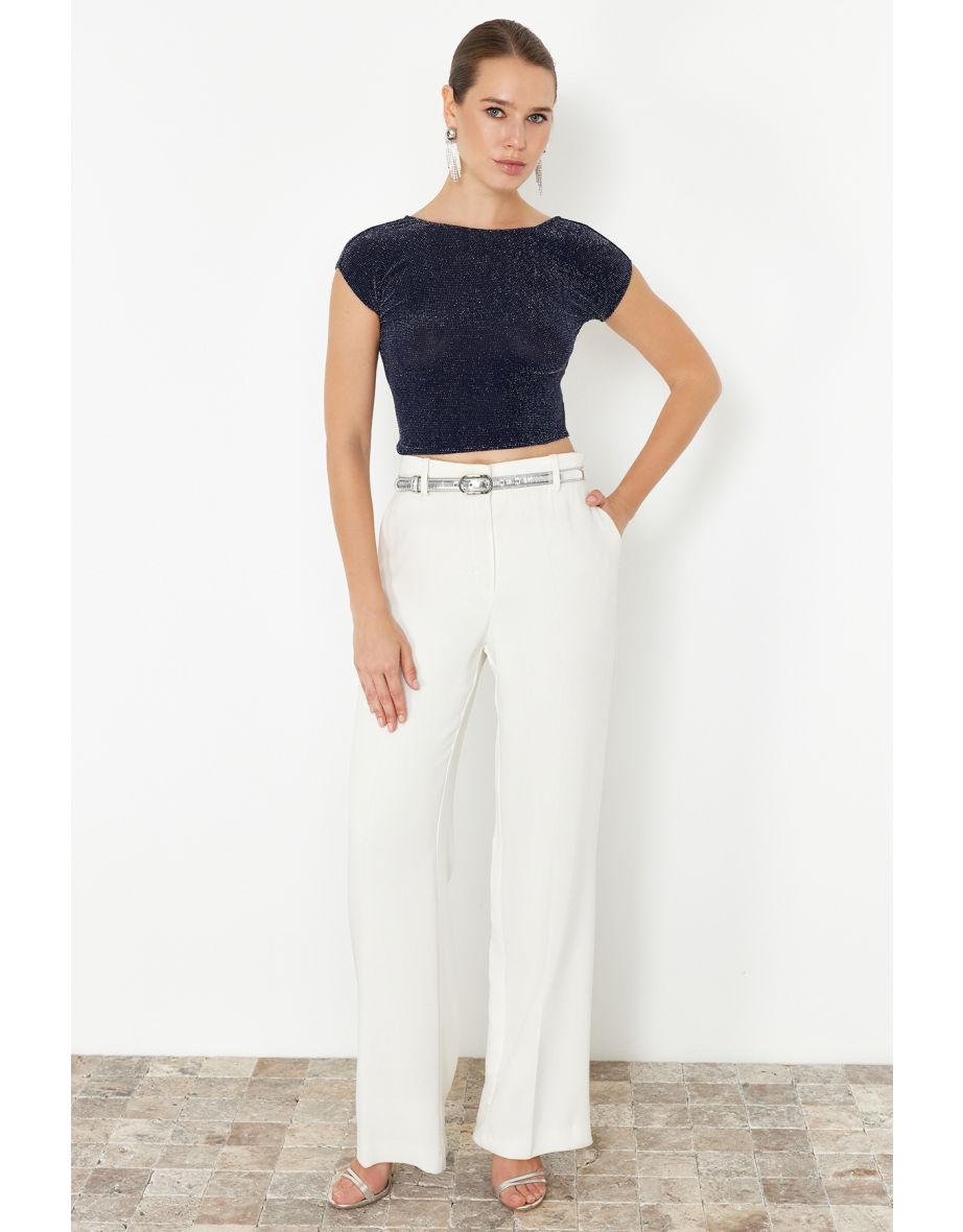 Navy Blue Crop Unlined Glitter Blouse