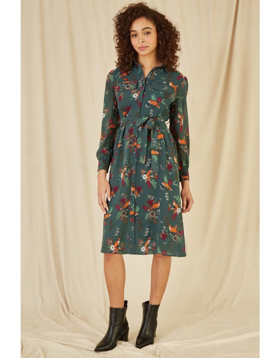 Yumi Recycled Green Fox Print Shirt Dress