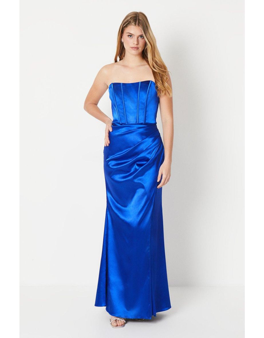 Debut London by Coast Satin Corset Bodice Drape Prom Dress - cobalt