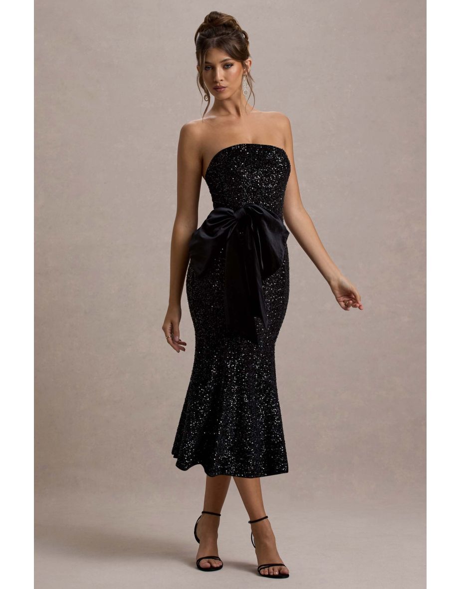 Adee | Black Velvet Halter-Neck Midi Dress With Bow