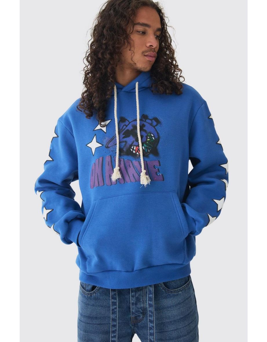 Oversized Graffiti Bear Print Hoodie - cobalt