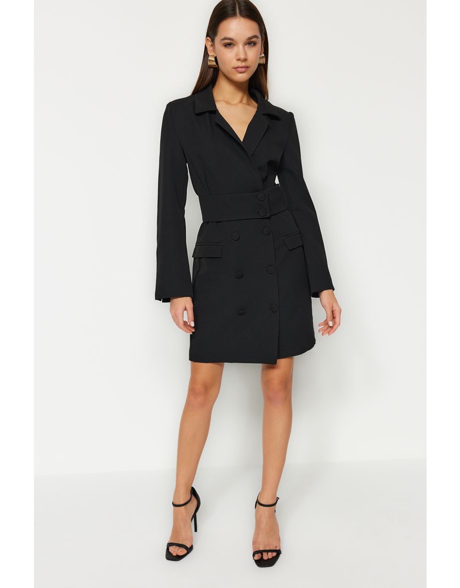 Black Column Mini Blazer Dress with Long Sleeves