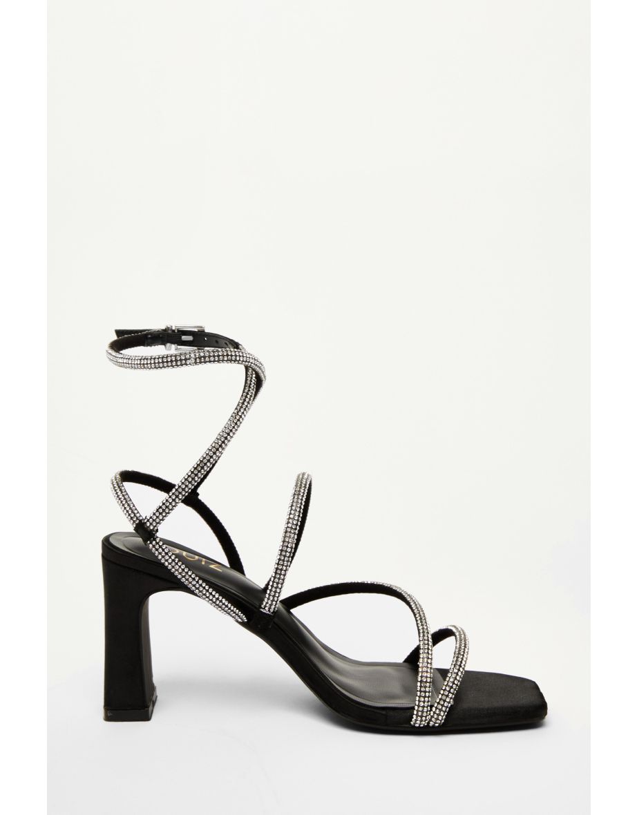 Black Satin Diamante Strappy Heels - 4