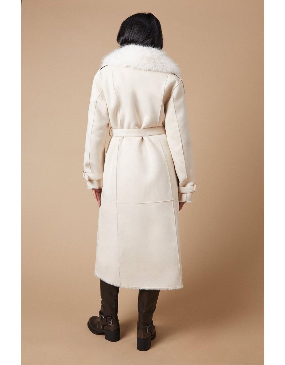 Suede Faux Fur Belted Double Breasted Coat - 3