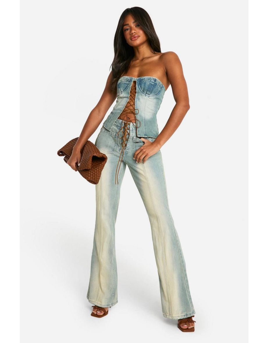Lace Up Vintage Look Denim Flared Jeans - vintage blue