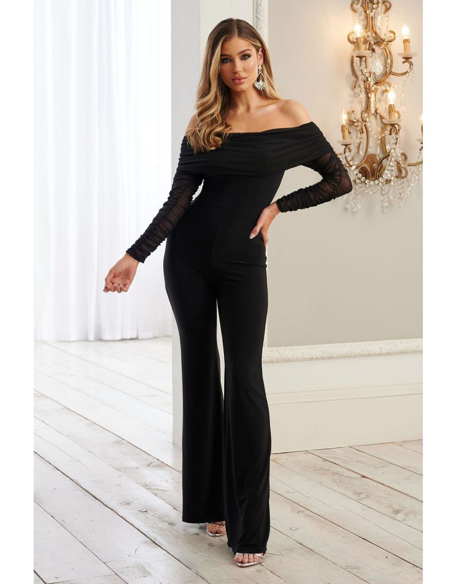 black ruched mesh bardot jumpsuit