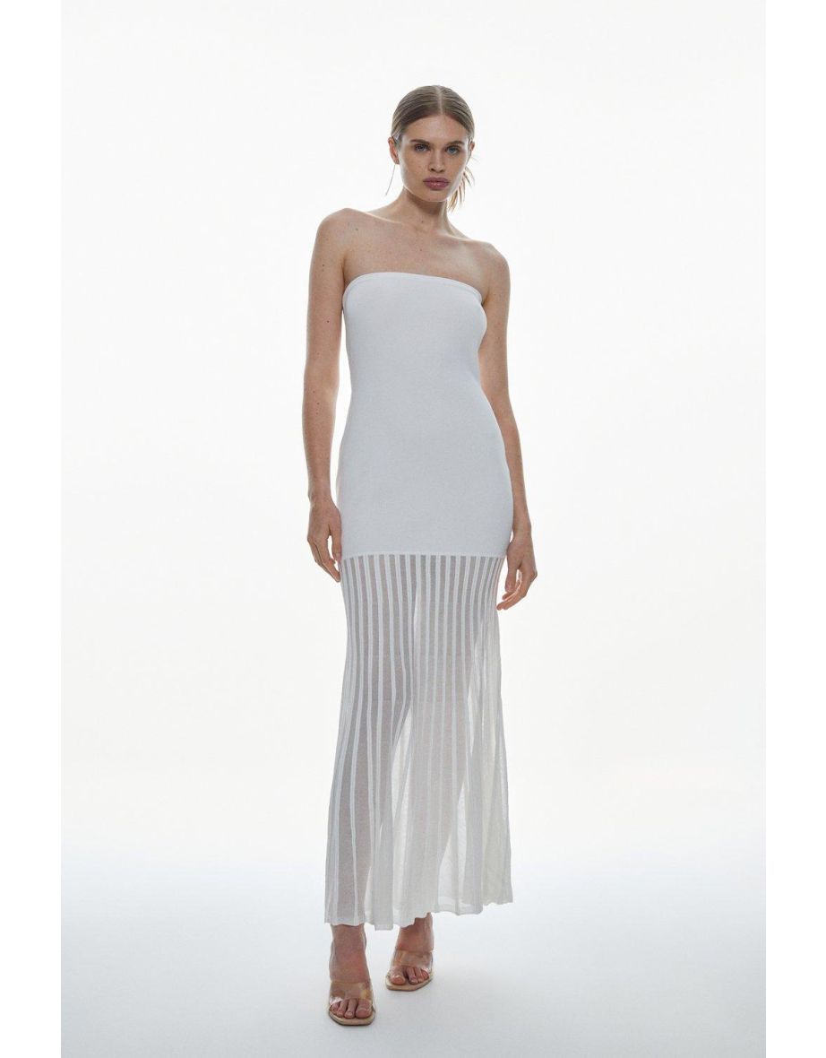 Viscose Blend Sheer Knit Bandeau Pleated Skirt Midaxi Dress