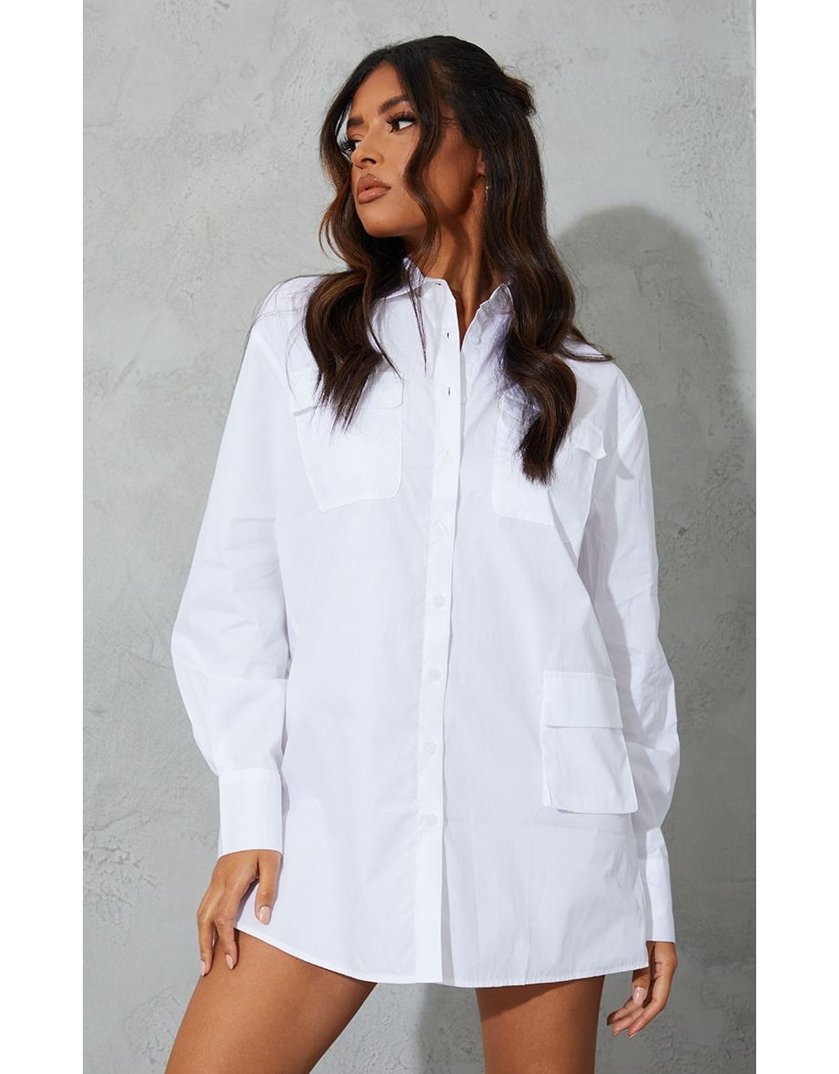 Recycled White Long Sleeve Pocket Detail Shirt Dress