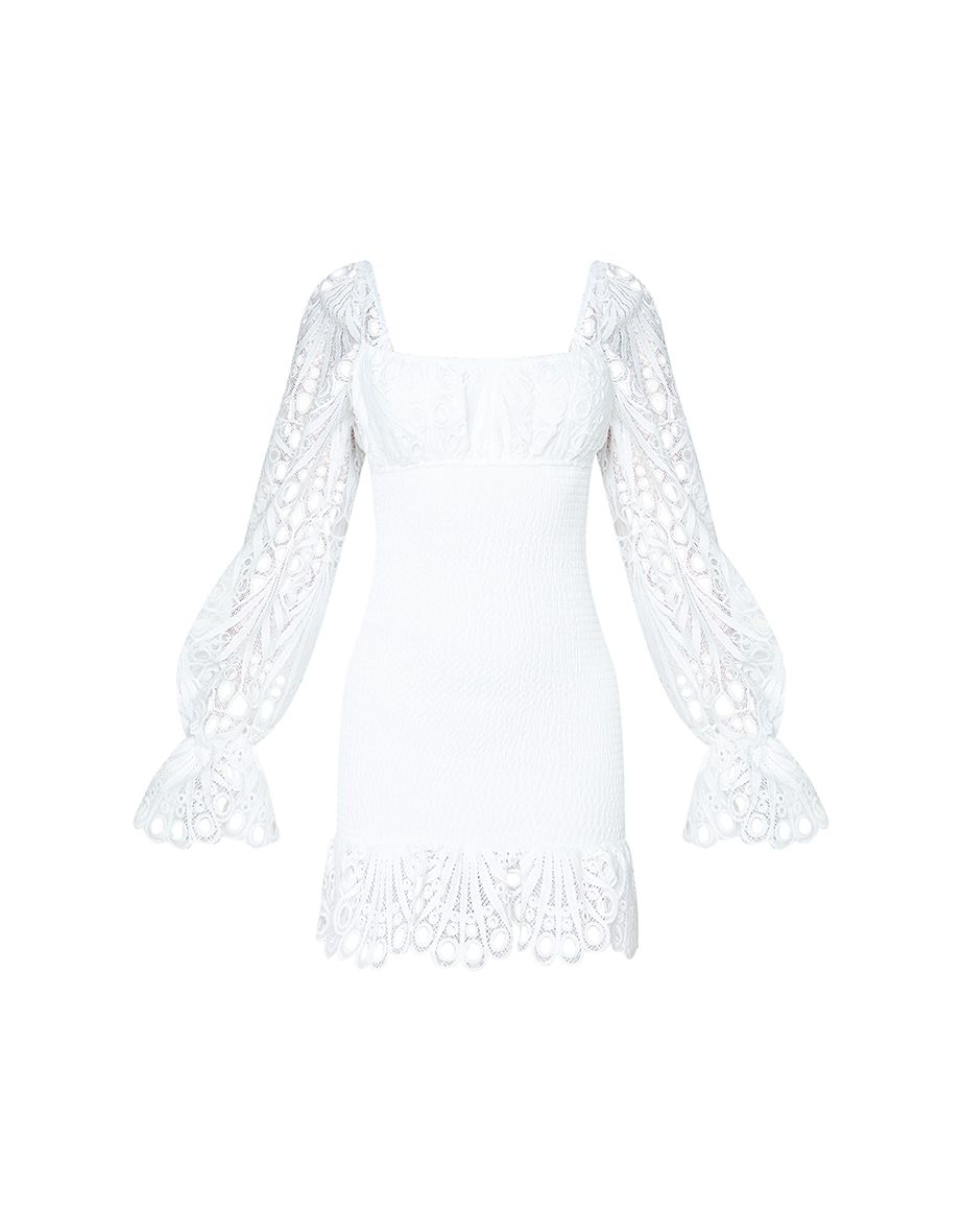 White Lace Sleeve Shirred Bodycon Dress - 4