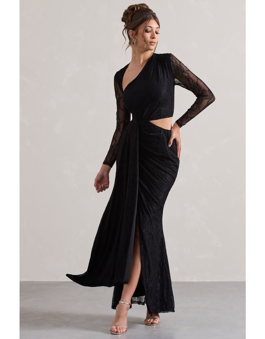 Chantilly | Black Lace Asymmetric Cut-Out Draped Maxi Dress - 4