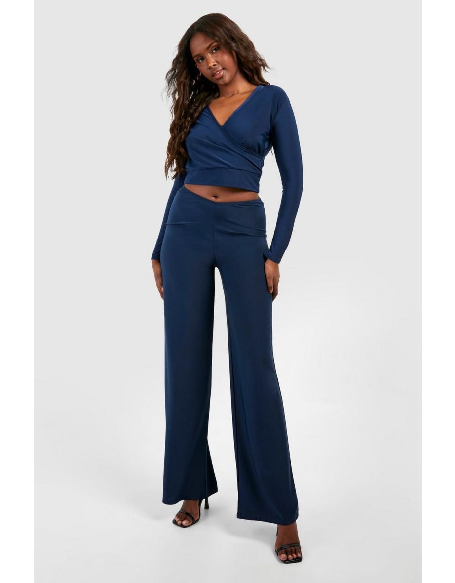 V Waist Slinky Wide Leg Trouser - navy