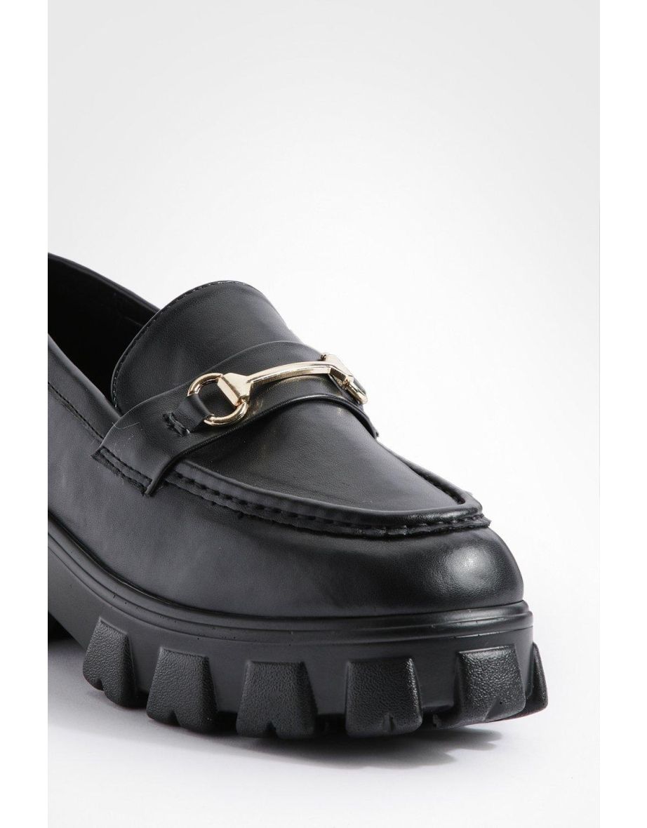 Wide Fit Chunky Cleated Sole T Bar Loafers - black - 3