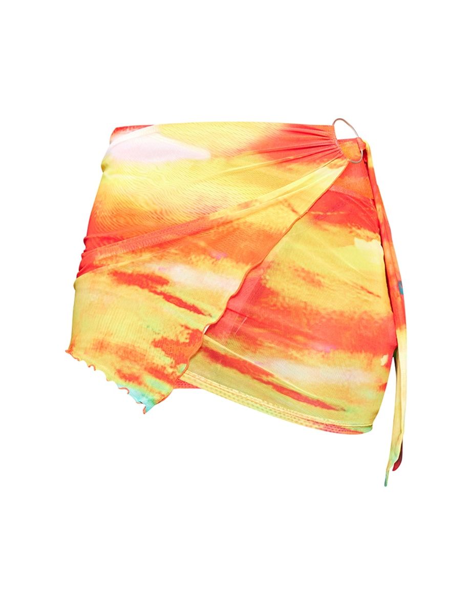 Orange Print Mesh Tie Side Micro Mini Skirt - 5