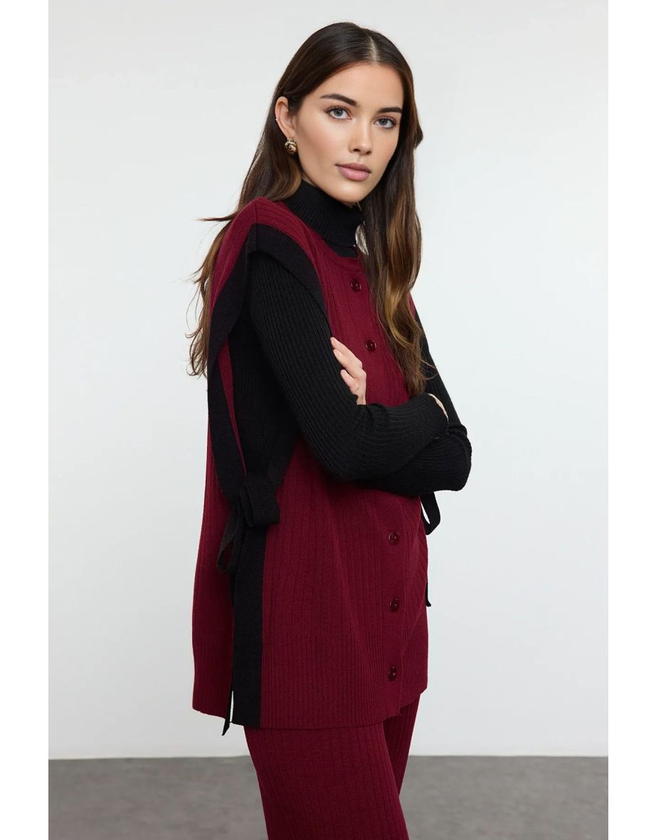 Claret Red Color Block Slit Detailed Vest-Pants Knitwear Bottom-Top Set - 4