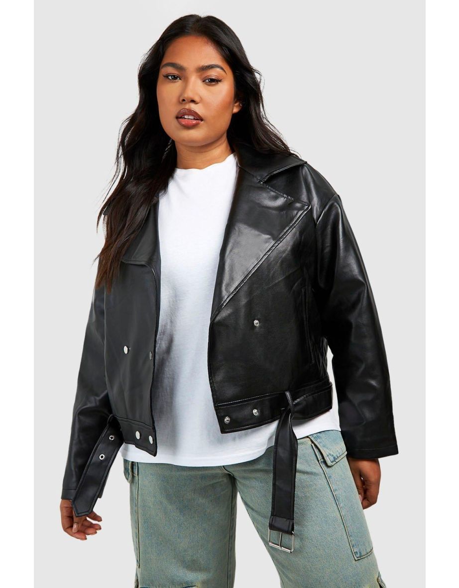 Shop Plus Pu Belted Biker Jacket black Online in Qatar VogaCloset