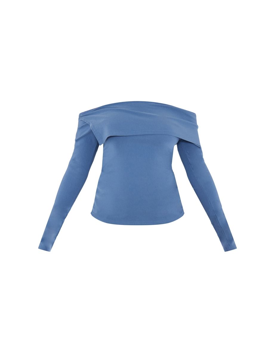 Slate Blue Stretch Woven Bardot Long Sleeve Top - 4