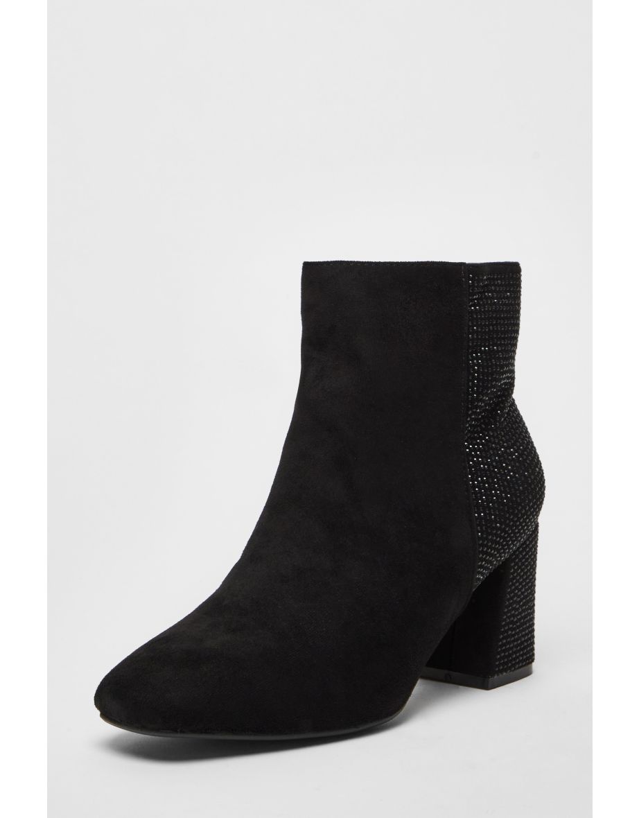 Wide Fit Black Diamante Ankle Boots