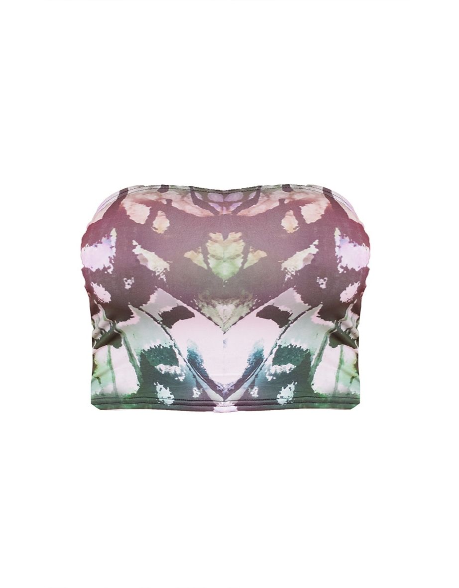 Shape Purple Butterfly Print Slinky Ruched Side Bandeau Crop Top - 4
