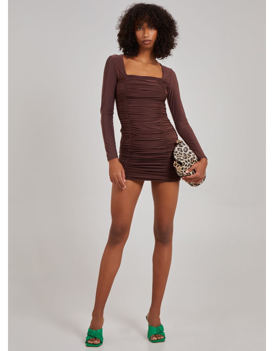 Square Neck Long Sleeve Gathered Mini Dress