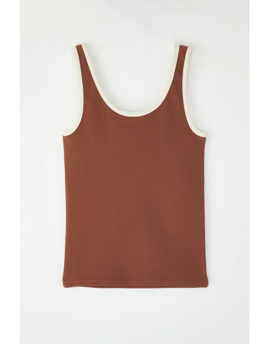 Brown Color Block Fitted/Body Fitted Pool Collar Elastic Knitted Tank Top - 5