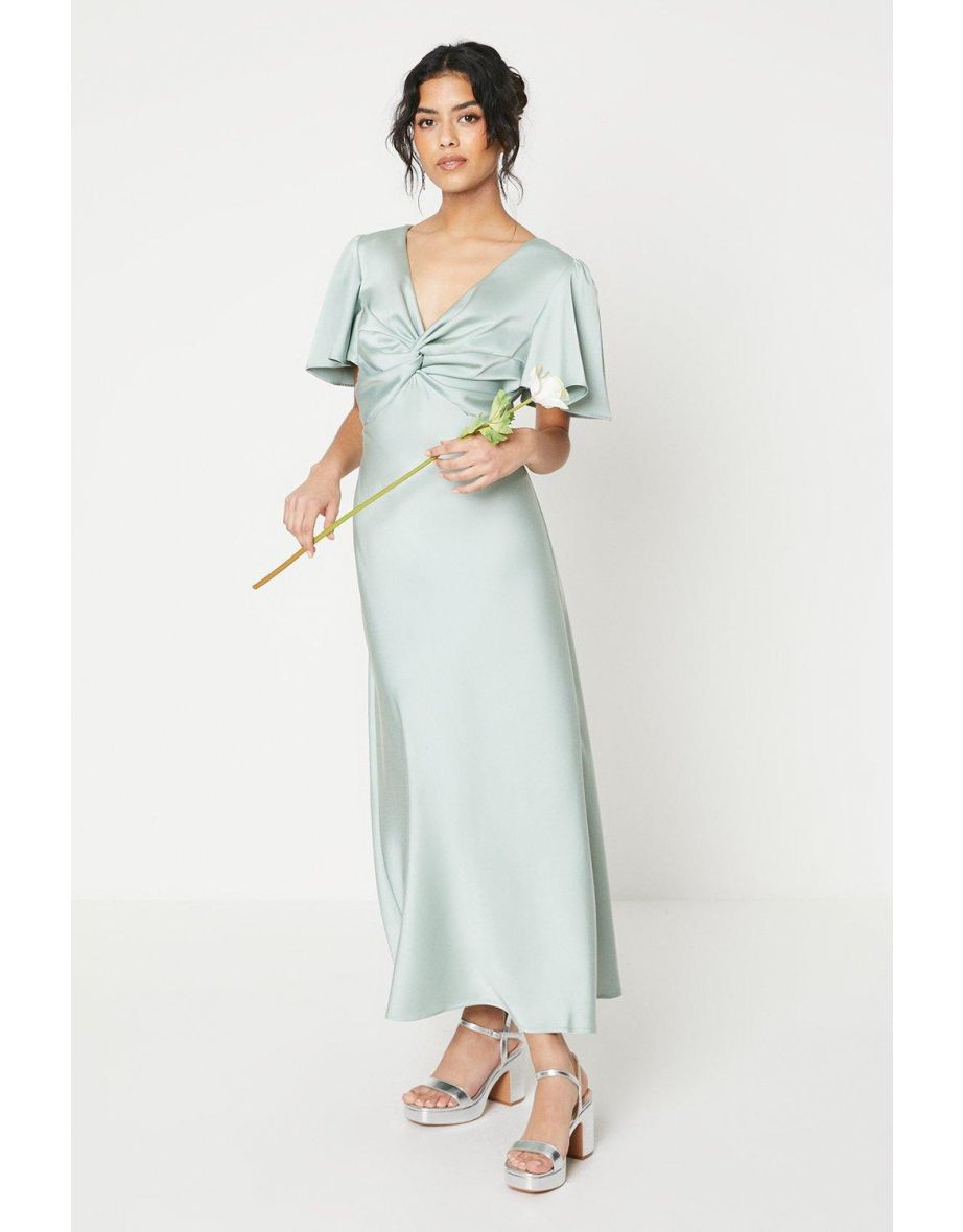Petite Satin Twist Angel Sleeve Bridesmaids Dress