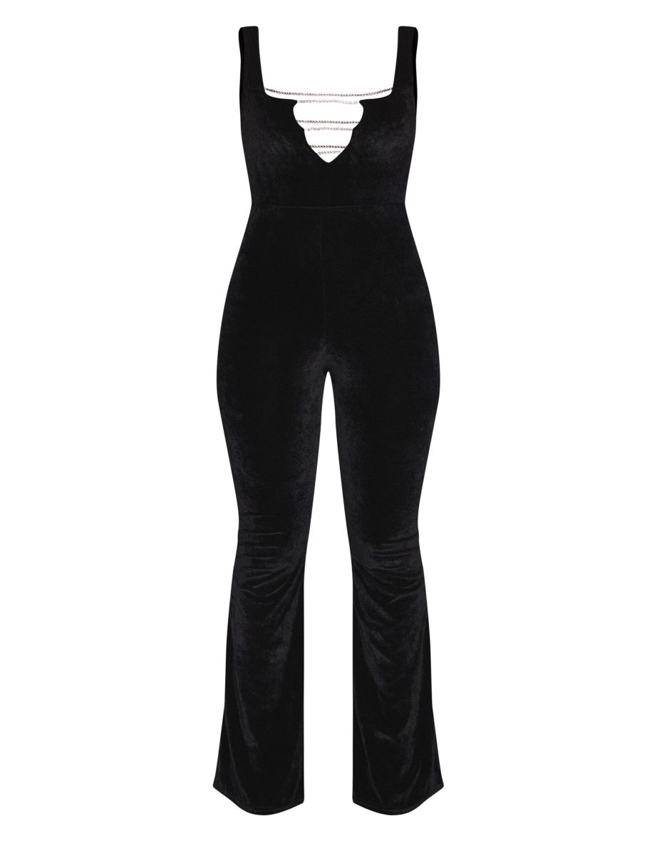 Black Diamante Strap Detail Plunge Velvet Jumpsuit - 4