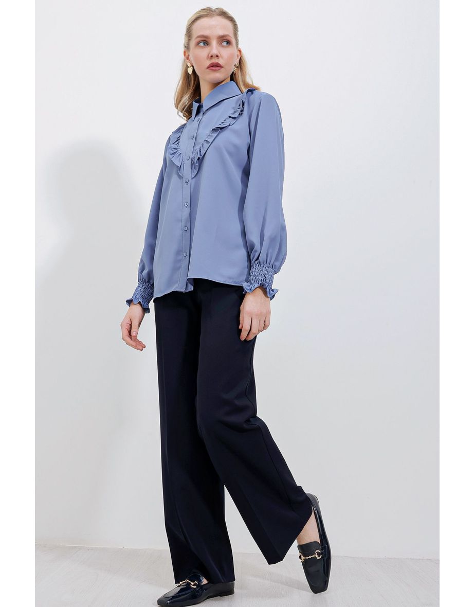 Frilly Long Sleeve Shirt - Indigo