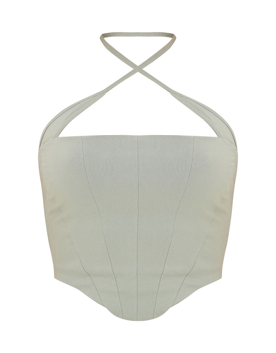 Sage Green Stretch Woven Cross Over Halter Crop Top - 4