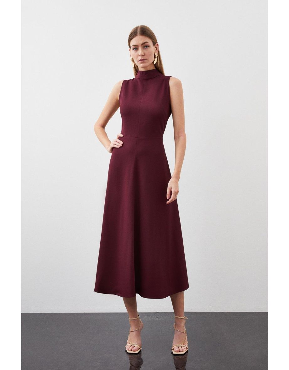 Compact Stretch Viscose Tailored High Neck Tie Detail Midi Dress