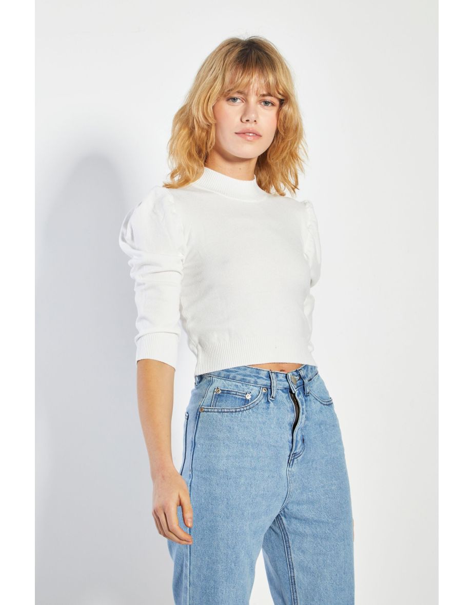 Glamorous White High Neck Puff Shoulder Top