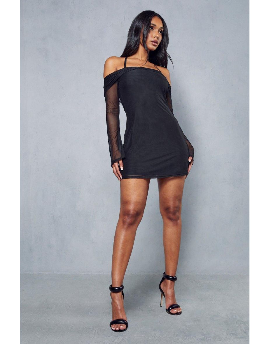 Mesh Halterneck Strap Detail Bardot Mini Dress - 3