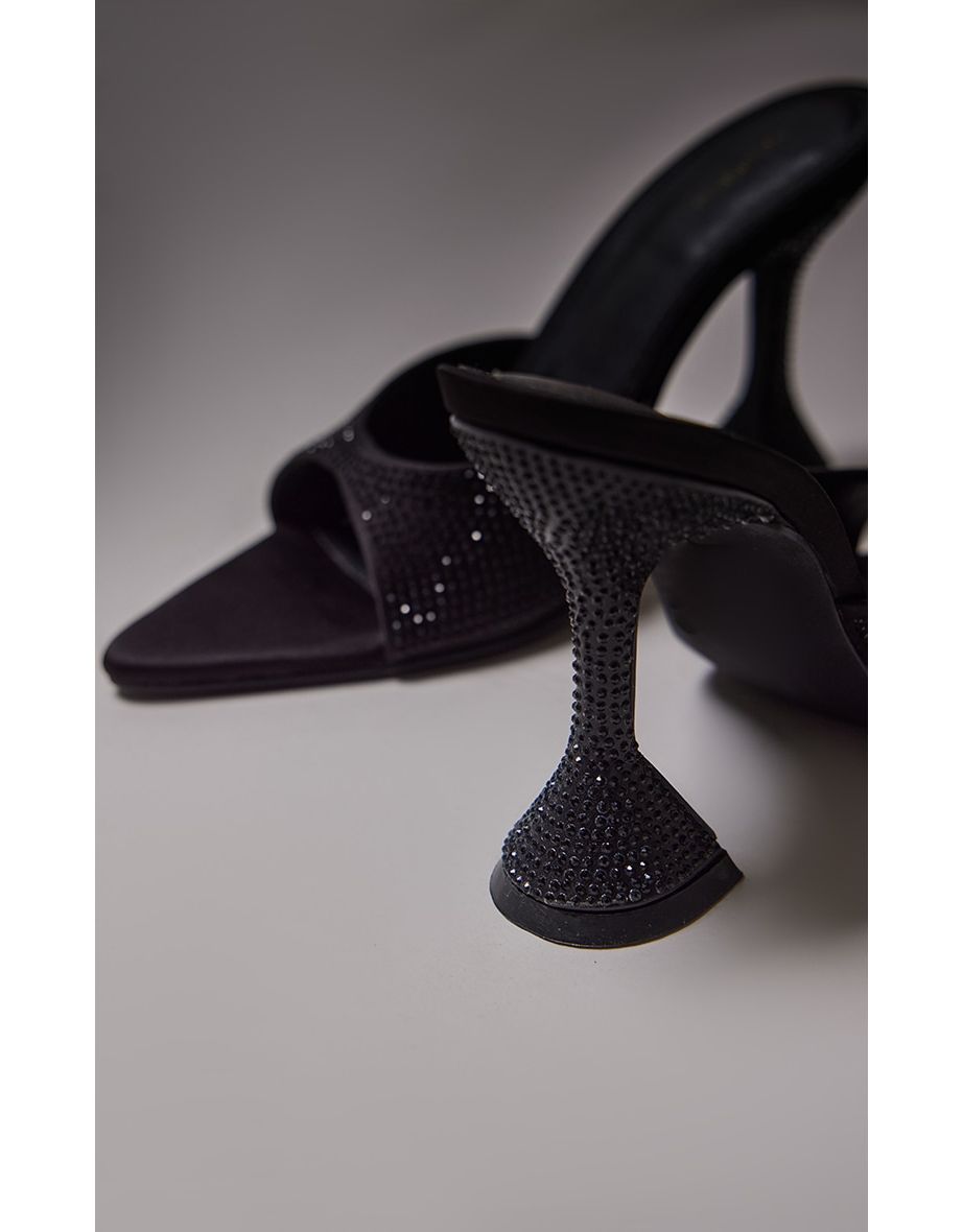 Black PU Diamante Point Toe Square Mid Heeled Mules - 3