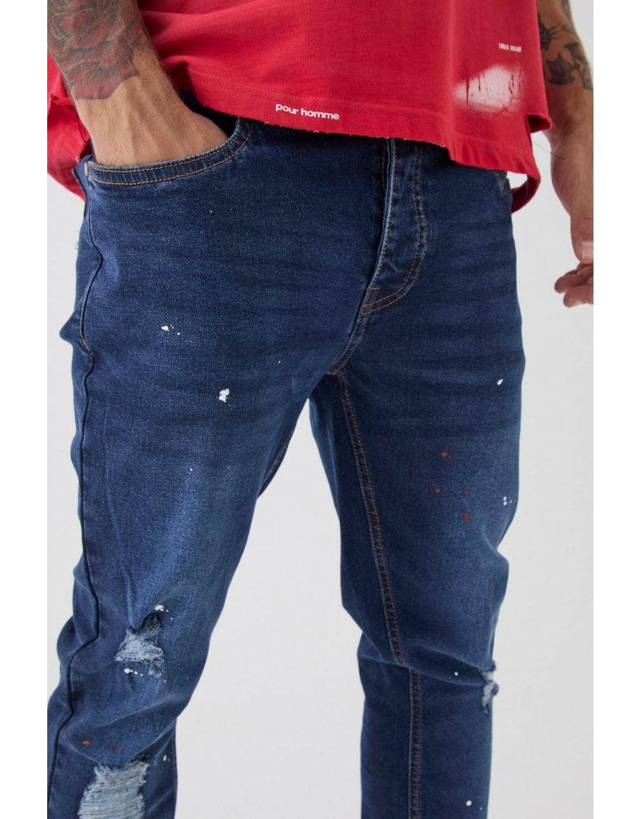Skinny Stretch Stacked Distressed Paint Splatter Denim Jeans - mid blue - 2