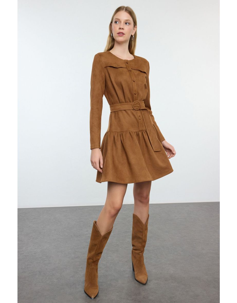 Tan Skater/Waist Open Pleated Skirted Suede Mini Winter Woven Dress