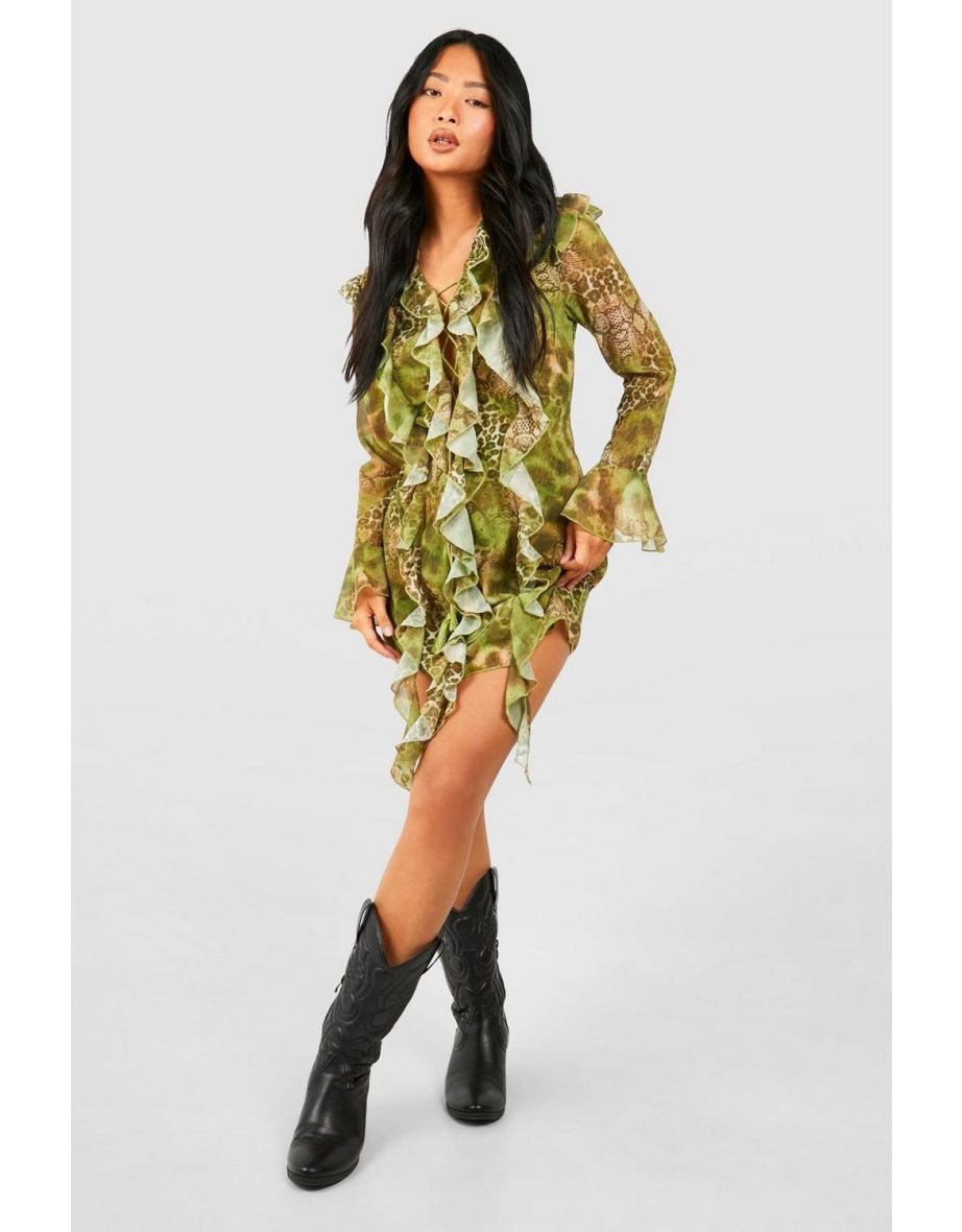 Shop Petite Snake Print Ruffle Boho Mini Dress khaki Online in Kuwait VogaCloset