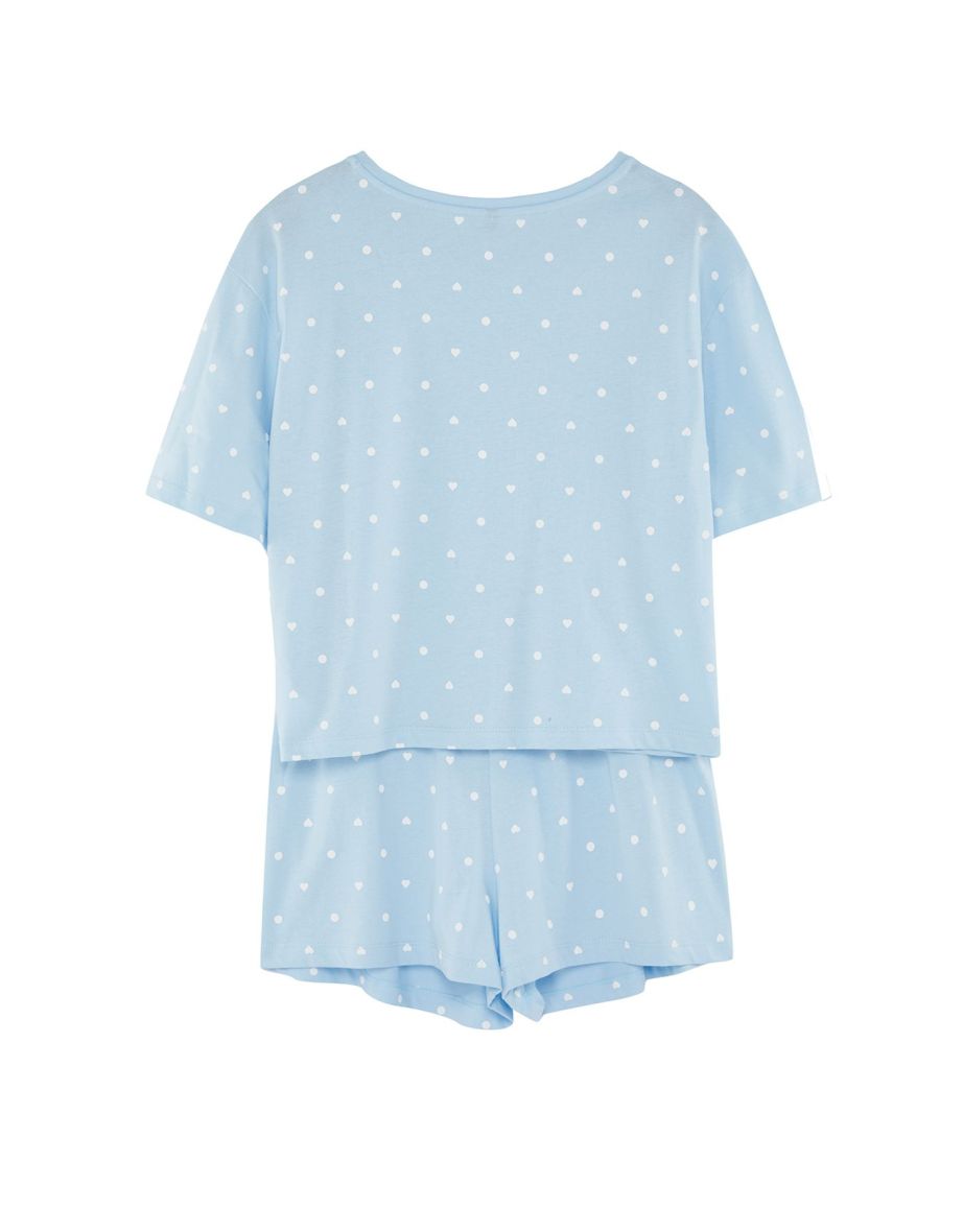 Blue 100% Cotton Heart Patterned T-shirt-Shorts Knitted Pajama Set - 6
