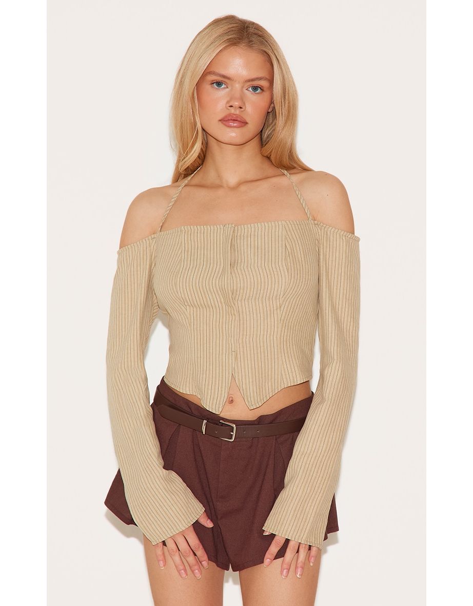 Cream Striped Bardot Peach Skin Flared Shirt