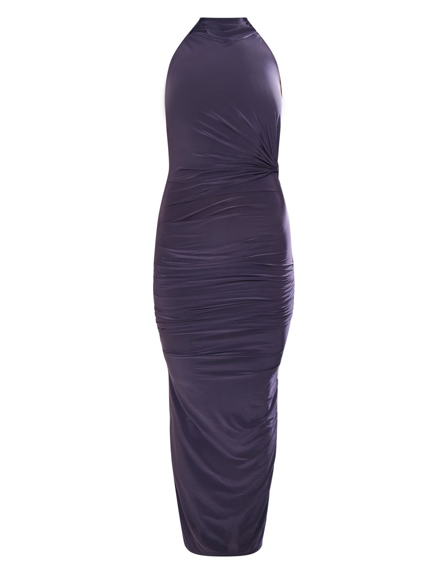 Charcoal Grey Slinky Backless High Neck Tie Maxi Dress - 4