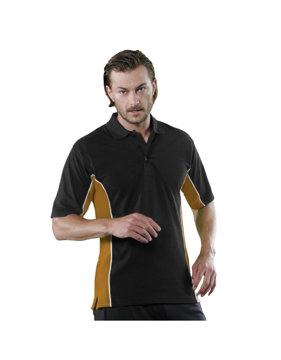 Gamegear® Mens Track Pique Short Sleeve Polo Shirt Top - Black/Sun Yellow/White - 2