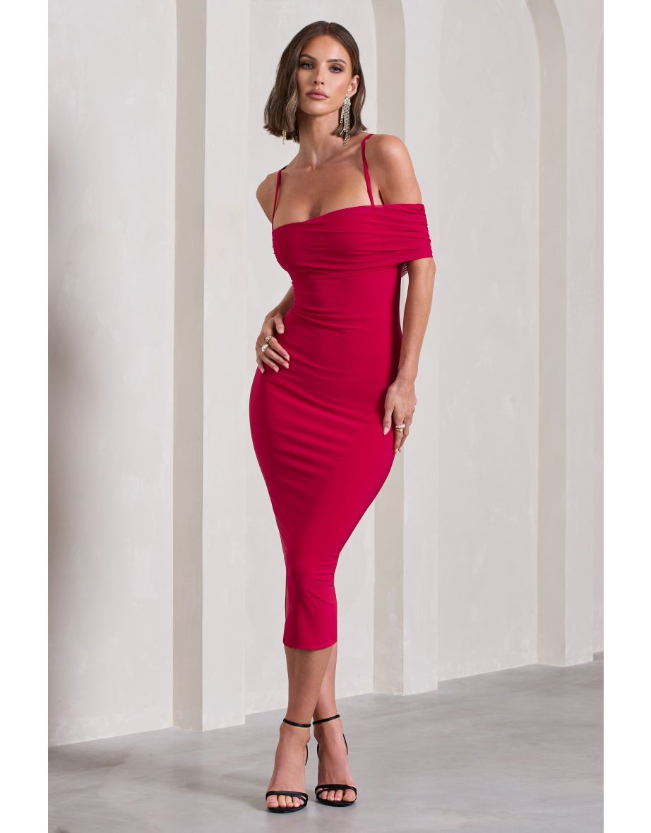 Bethan | Red Bodycon Strappy Mesh Bardot Midi Dress - 4