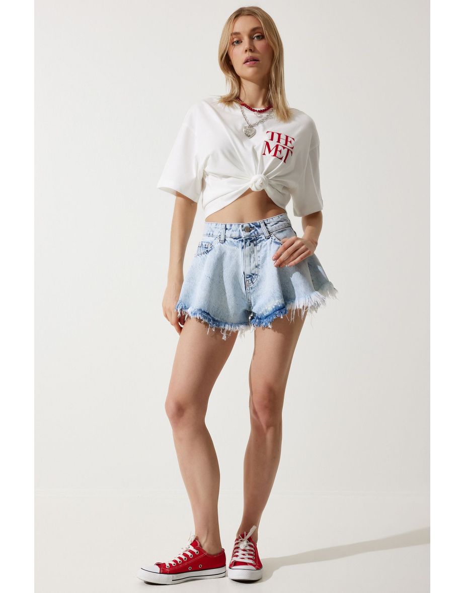 Women's Light Blue Tasseled Mini Denim Shorts
