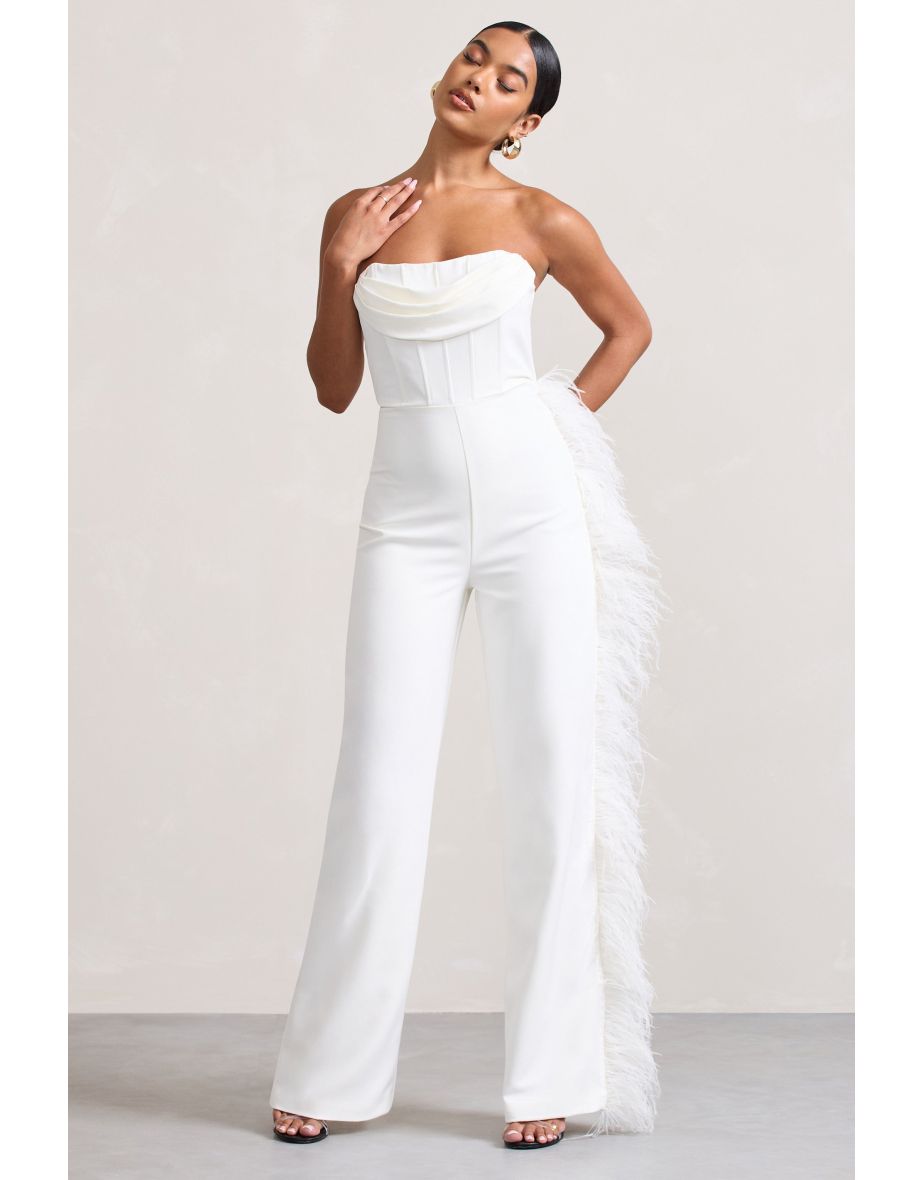 Topic Of Talk | White Strapless Bandeau Wide-Leg Jumpsuit With Feather Trim
