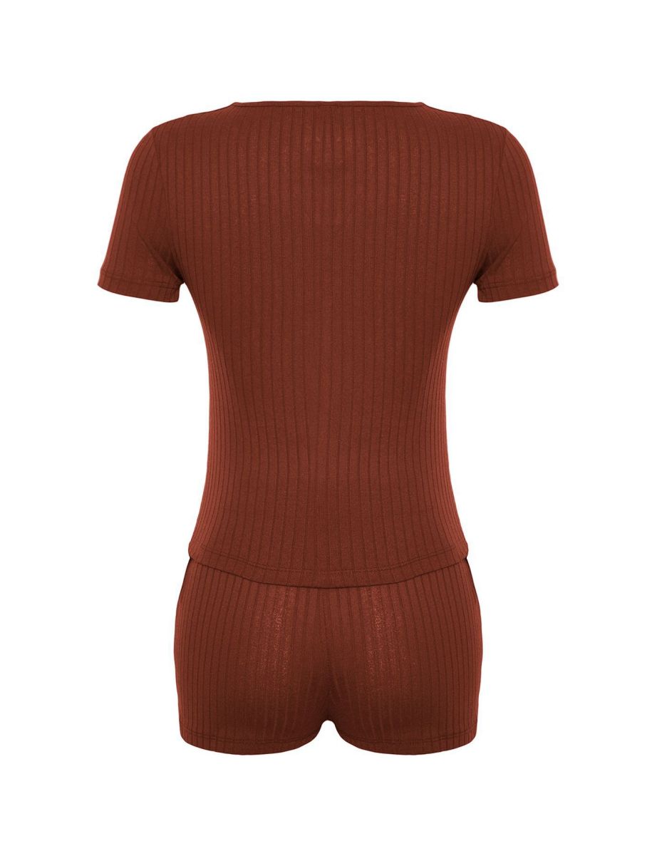 Brown Button Detail Ribbed Knitted Pajama Set - 8