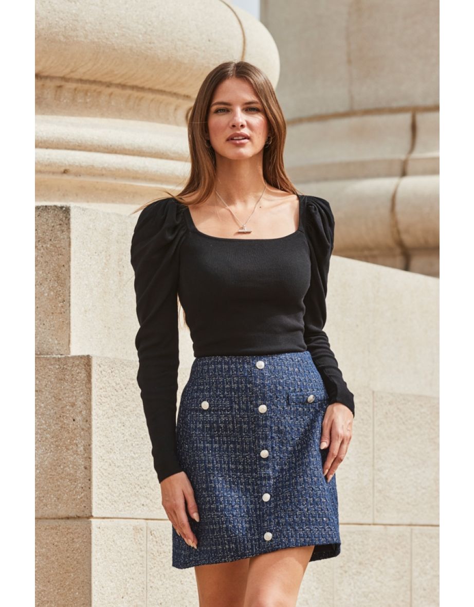 Navy Blue Metallic Boucle Button Front A-Line Skirt - 4
