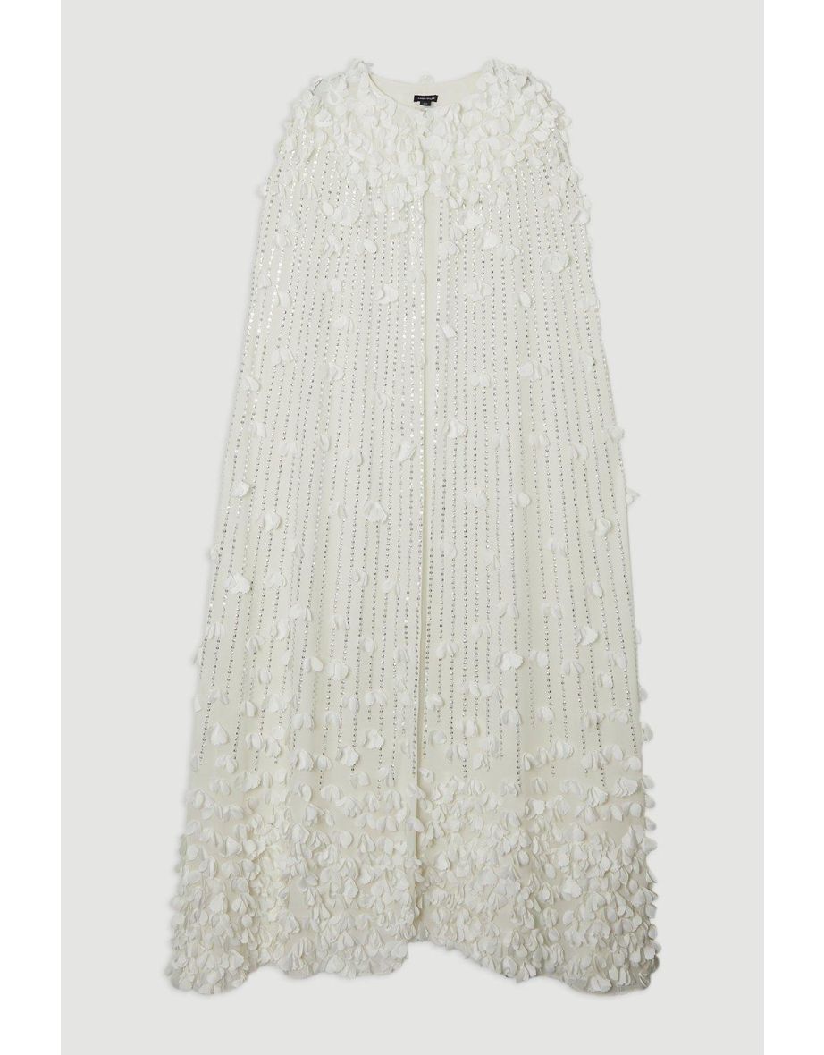 Plus Size Floral Applique Crystal Embellished Woven Maxi Cape - 3