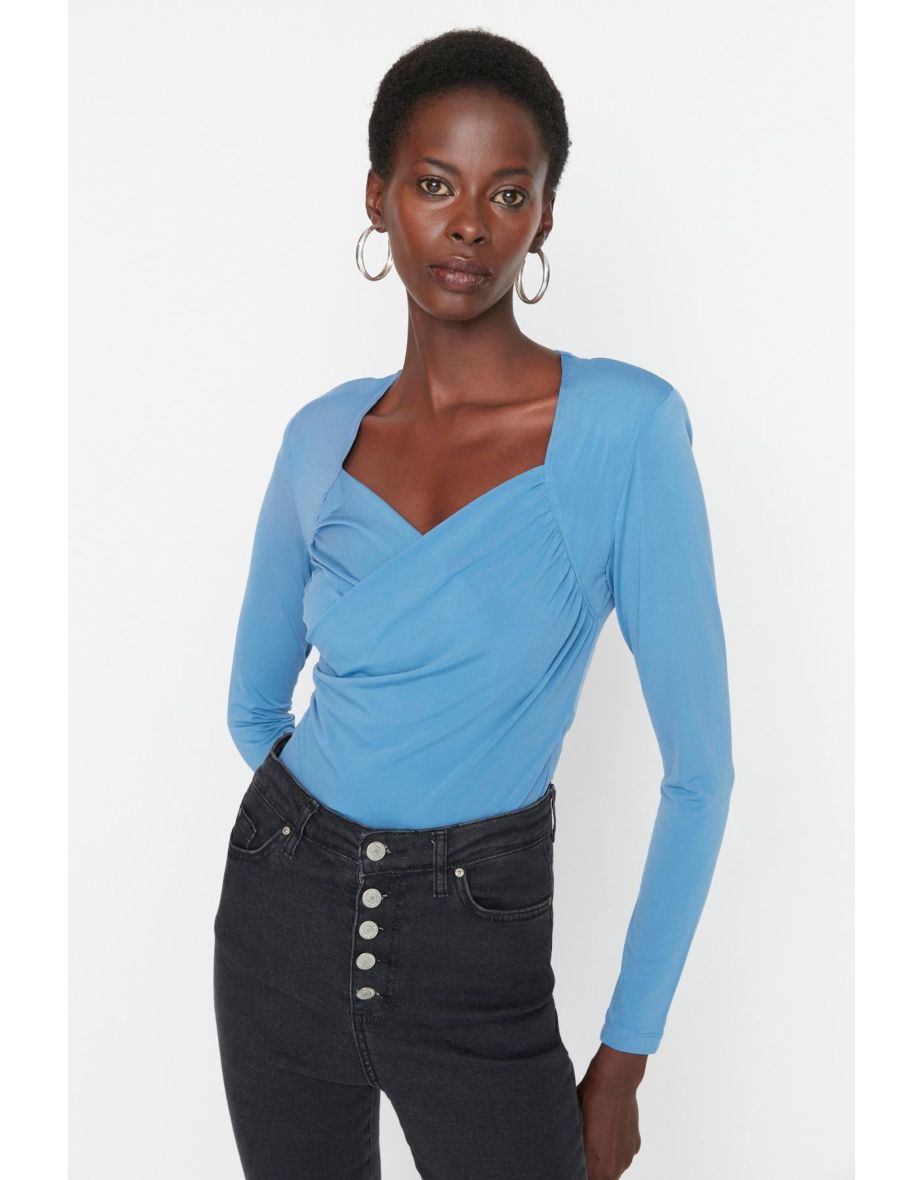 Indigo Padded Drape Detailed Fitted Flexible Snap Fastener Knitted Body